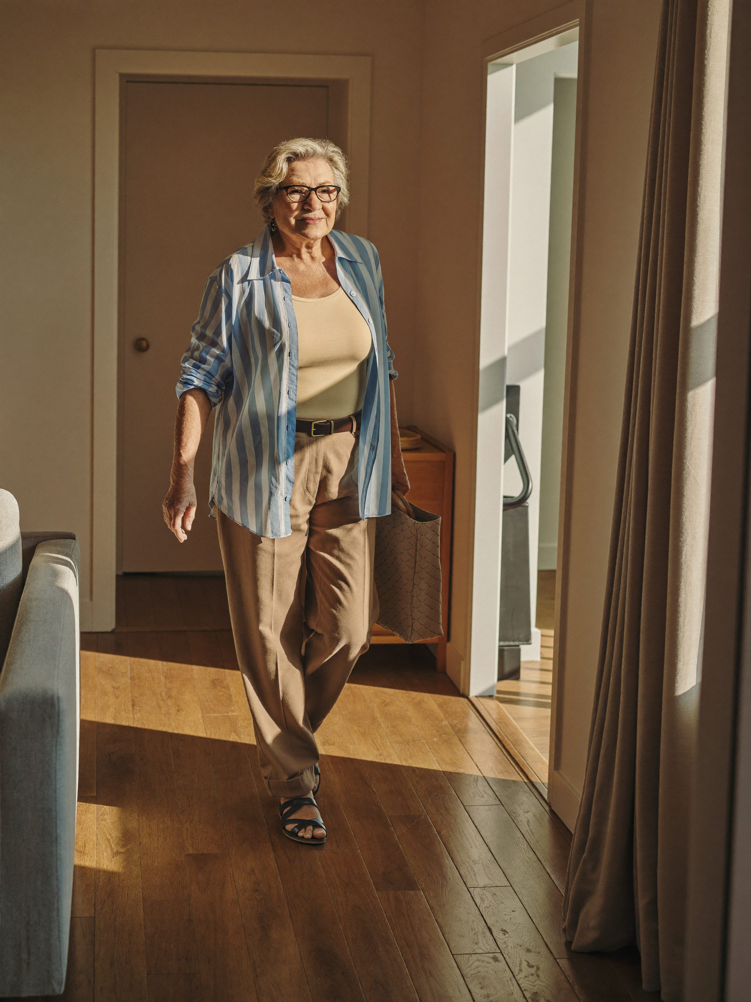 Senior woman walking safely and confidently through a tidy, well-lit living room