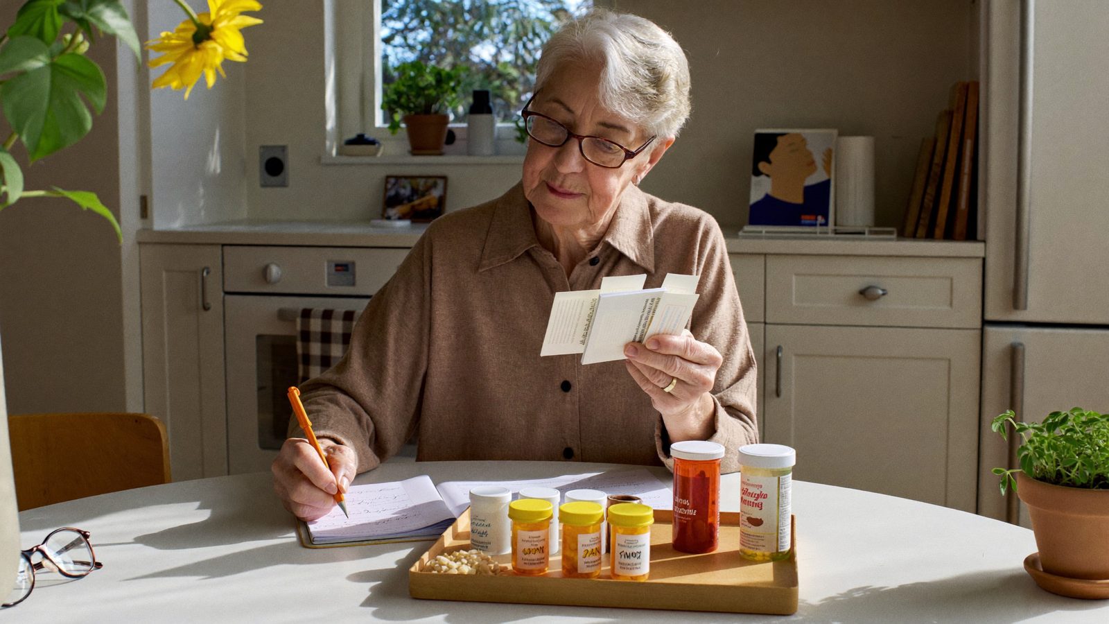 Mujer mayor revisando sus medicamentos con un farmacéutico en un mostrador bien iluminado
