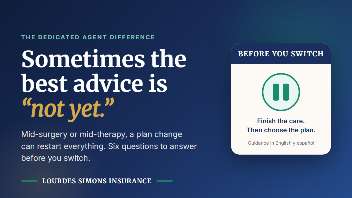 Illustration of a caring conversation about the right time to change a Medicare plan, with a calendar and a pause symbol