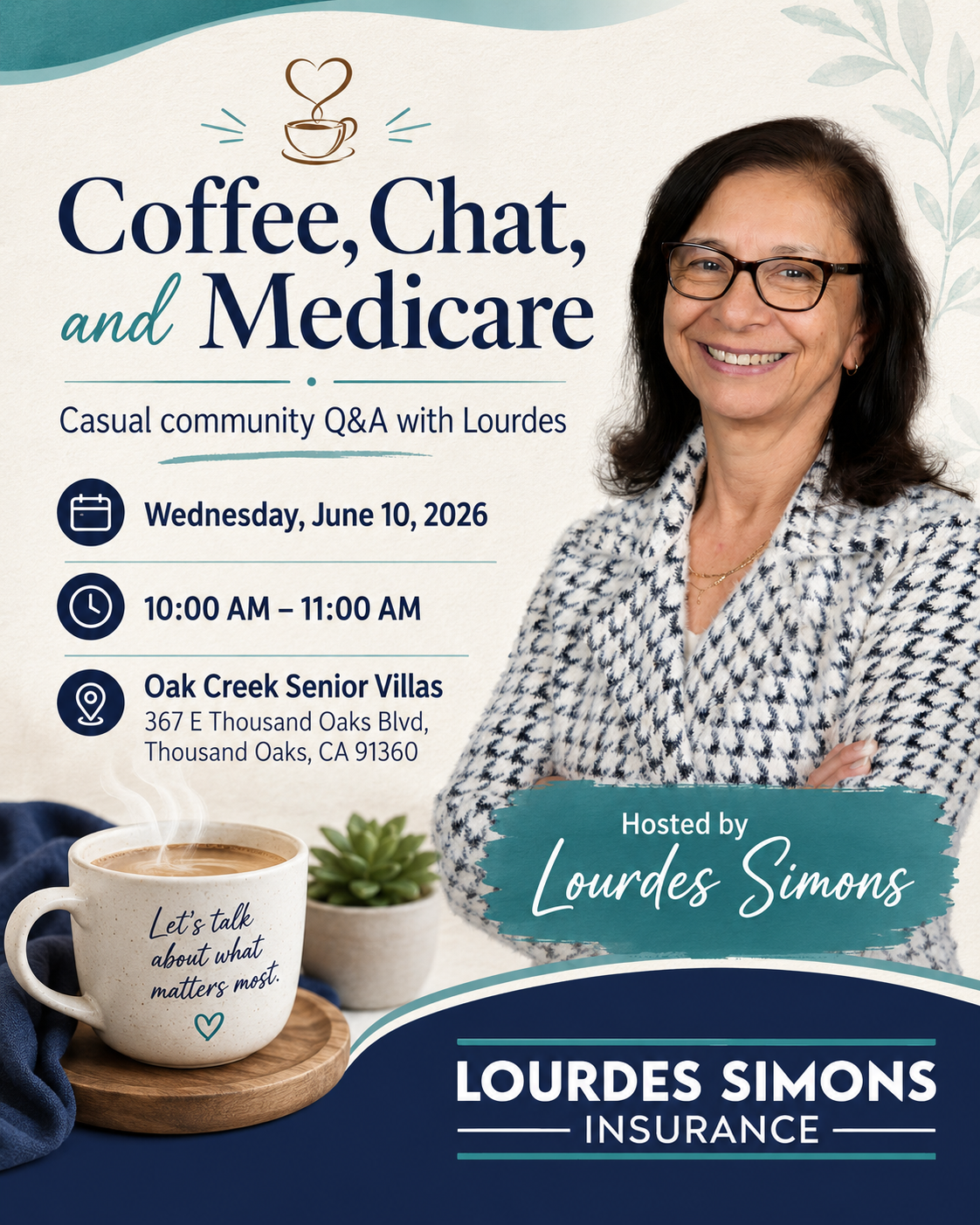 Lourdes Simons hosting a small Medicare conversation over coffee with seniors at a sunny lounge