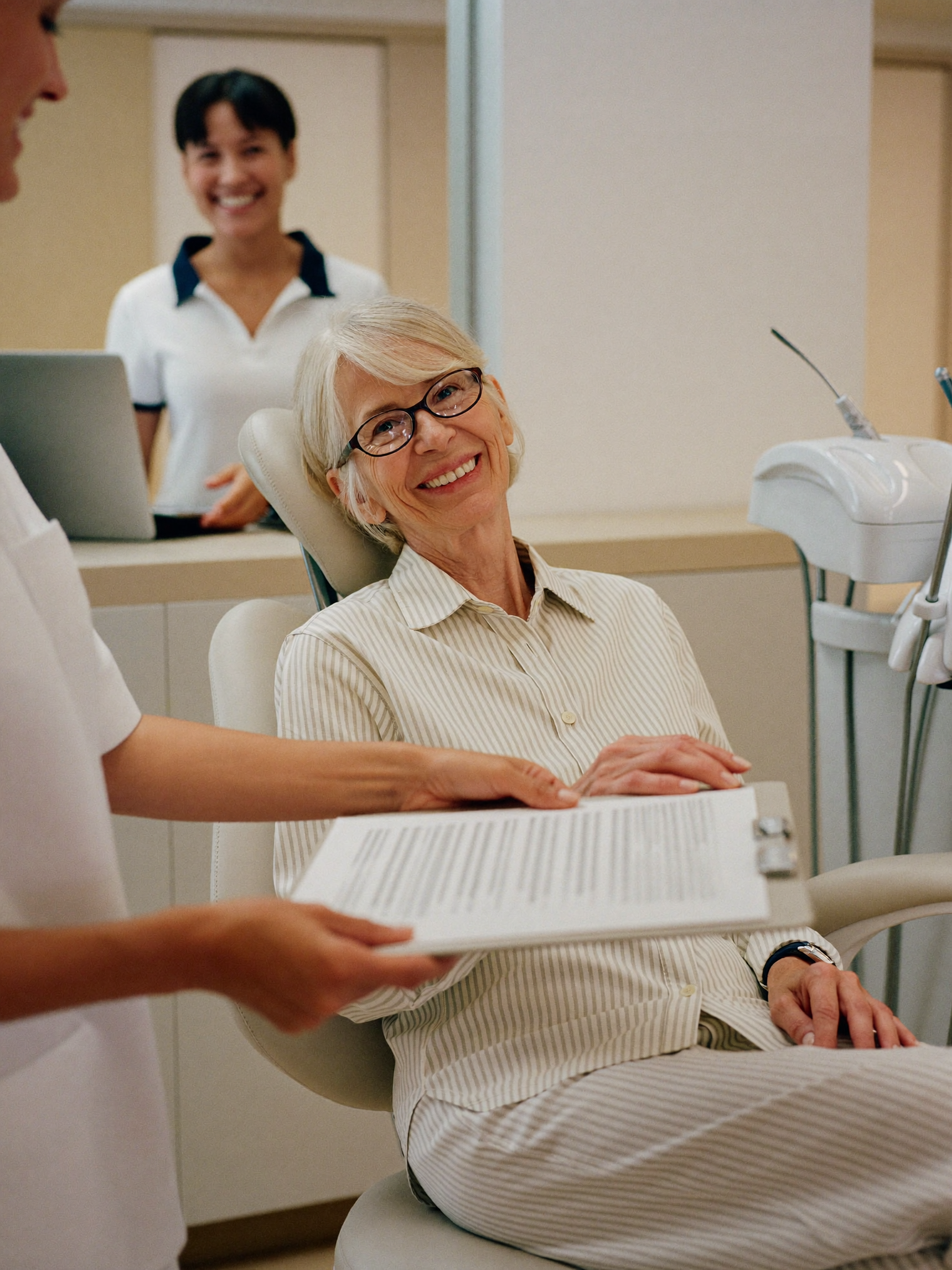 Senior woman smiling at a bright dental office reception