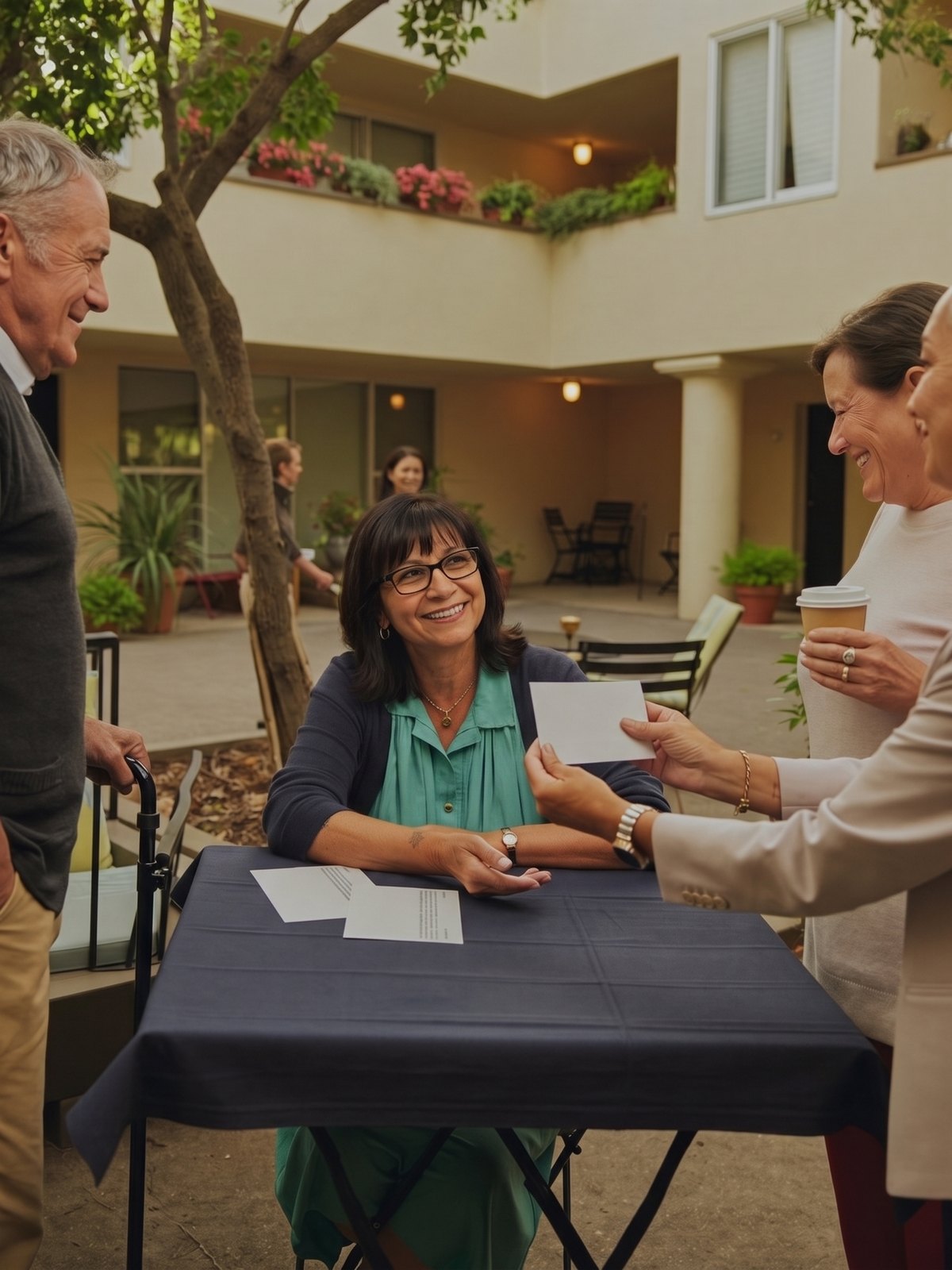 Una agente licenciada escuchando las preguntas sobre Medicare de los vecinos en una mesa en el patio de Budlong Manor